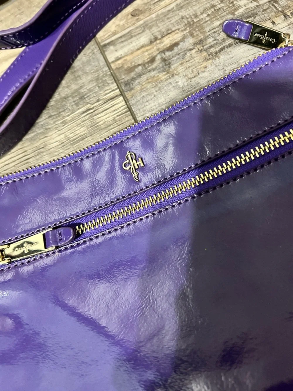 purple patent leather Cole Haan Jitney crossbody bag